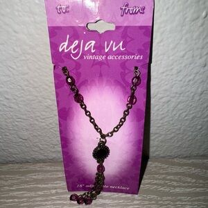 Brass Tone, purple dangle Bead Necklace- 18” adjustable